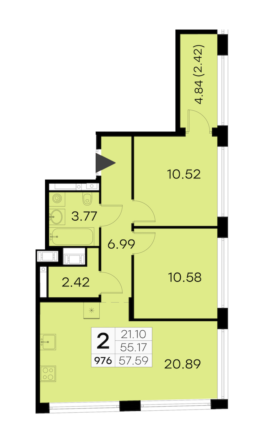 2-комнатная квартира 57.59 м², 17/19 эт., ЖК «GloraX Aura Vasileostrovsky»
